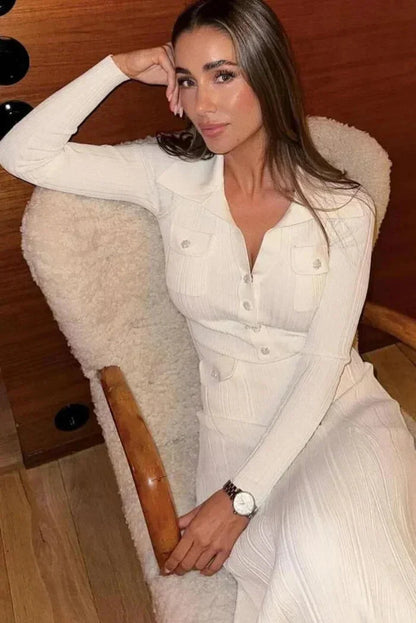 Women's Midi Dress Button Front Long Sleeves