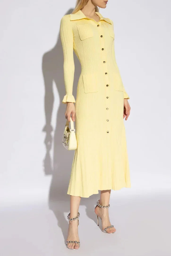 Women's Midi Dress Button Front Long Sleeves
