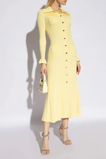 Women's Midi Dress Button Front Long Sleeves