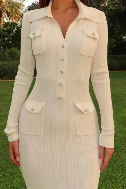Women's Midi Dress Button Front Long Sleeves