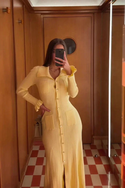 Women's Midi Dress Button Front Long Sleeves
