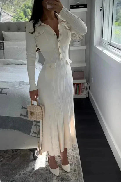 Women's Midi Dress Button Front Long Sleeves