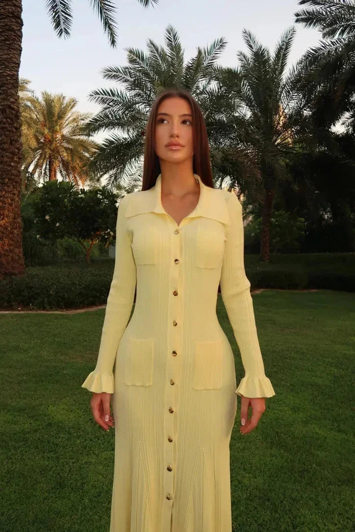Women's Midi Dress Button Front Long Sleeves