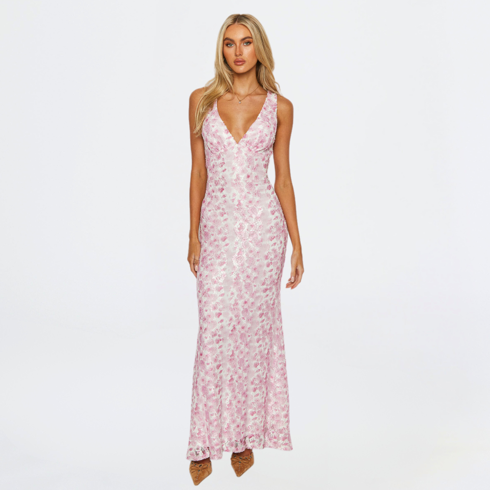 Women's Elegant Sleeveless Wedding Dress Floral Design - 
Fashinoza