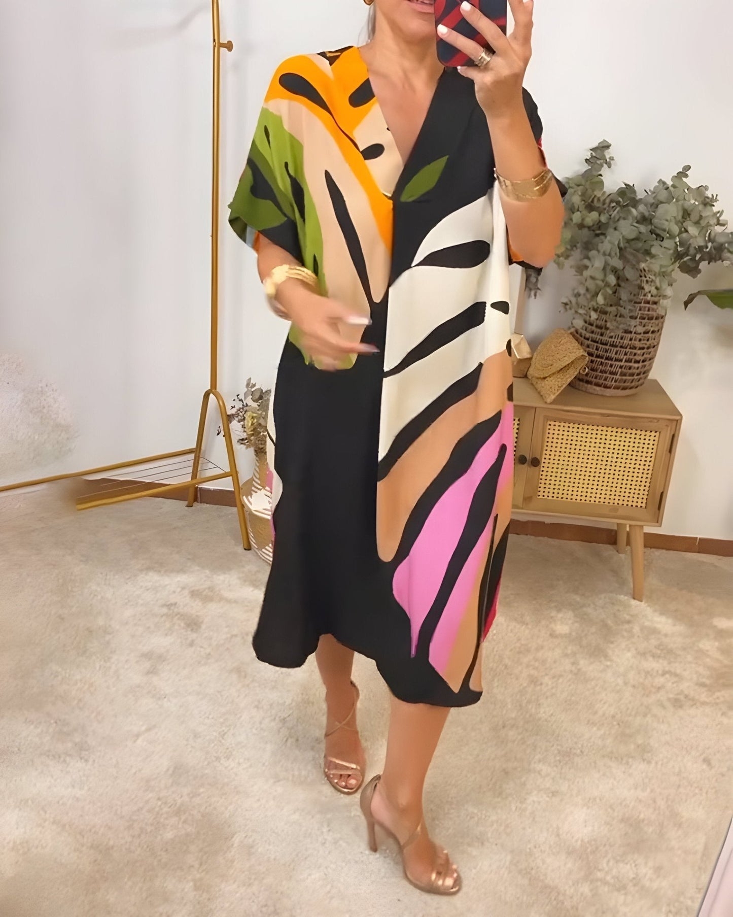 Women's V-Neck Dress Wide Kimono Sleeves