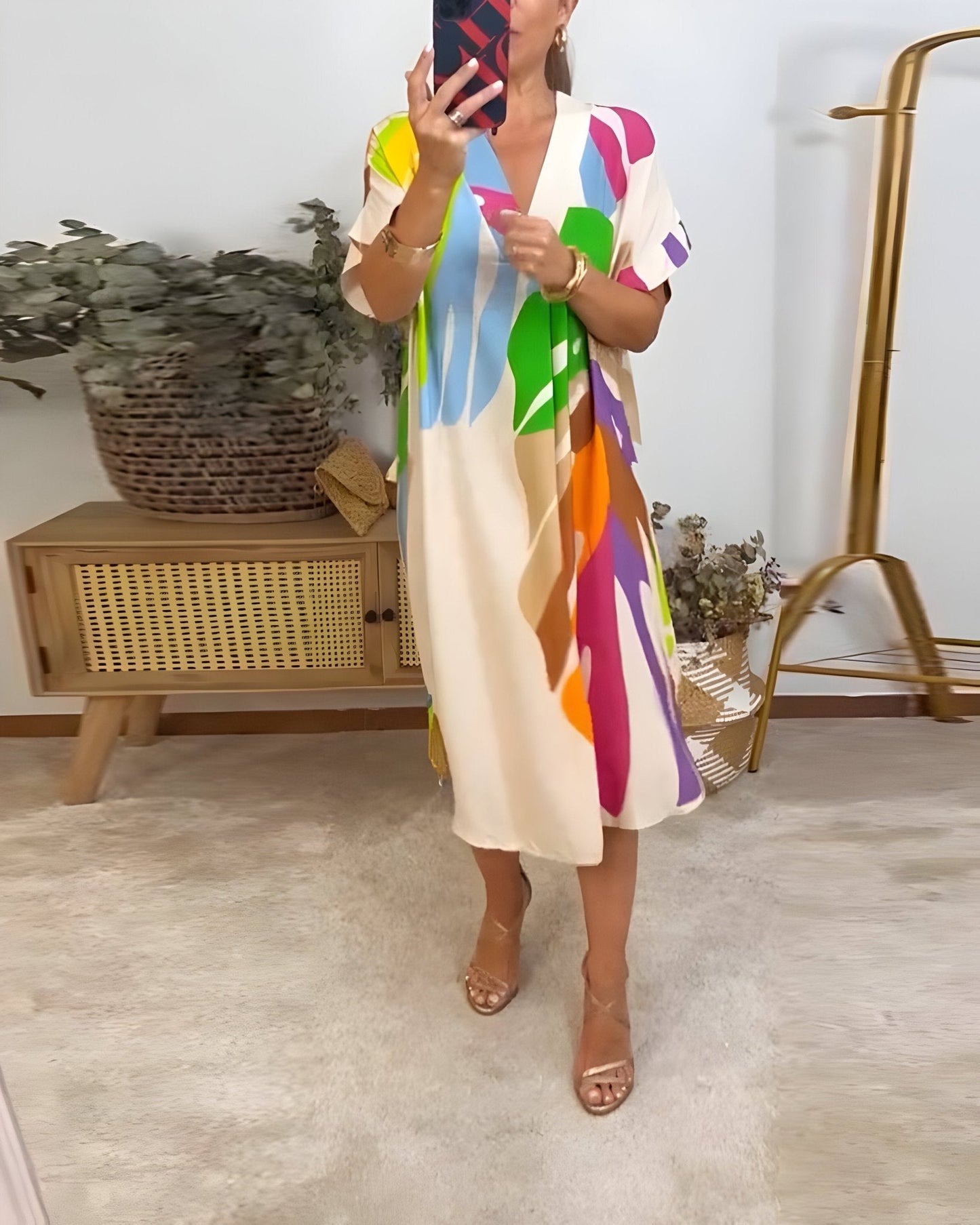 Women's V-Neck Dress Wide Kimono Sleeves