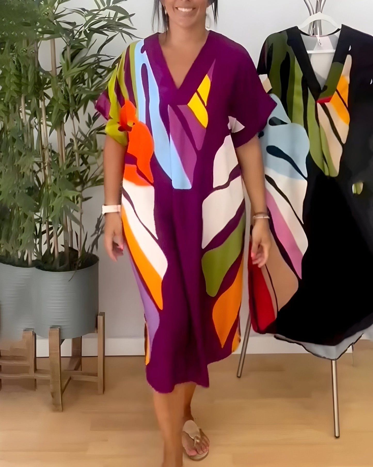 Women's V-Neck Dress Wide Kimono Sleeves