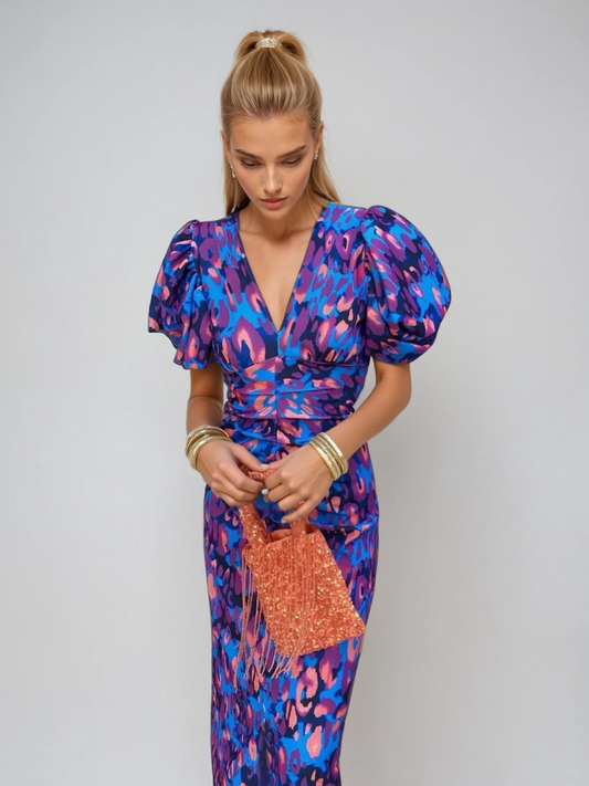 Women's Bodycon Midi Dress Puff Sleeve - Fashinoza