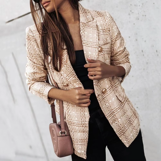 Women's Plaid Blazer Double-Breasted - Fashinoza
