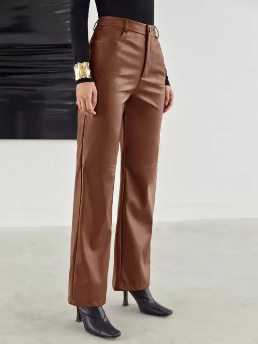Women's High-Waisted Wide Leg Faux Leather Pants - Fashinoza