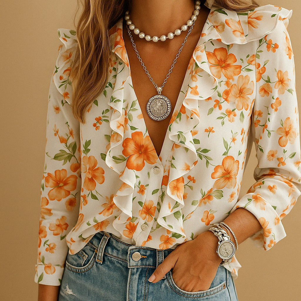 Women's Butterfly Print Ruffle Blouse - 
Fashinoza