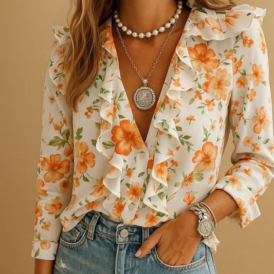 Women's Butterfly Print Ruffle Blouse - 
Fashinoza