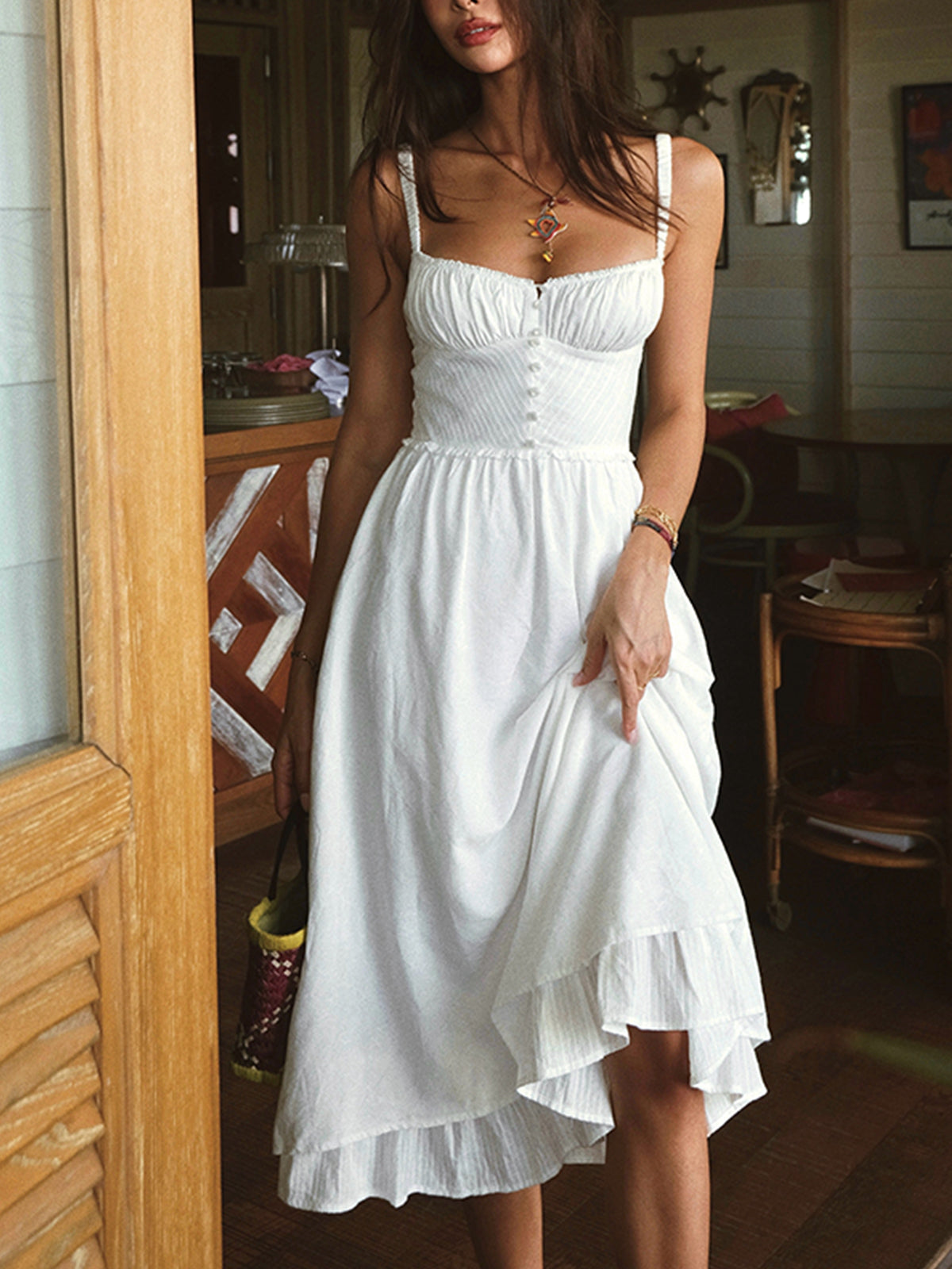 Women's Midi Dress Ruffle Hem Spaghetti Strap Button Front