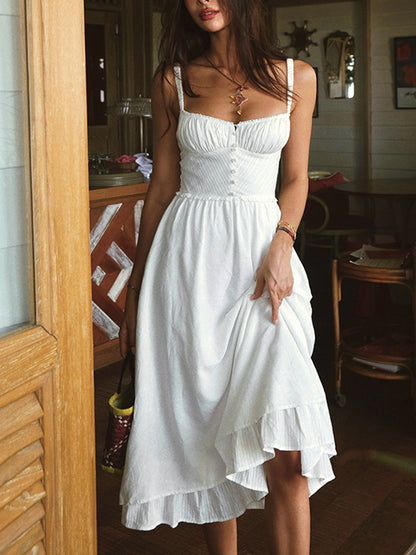 Women's Midi Dress Ruffle Hem Spaghetti Strap Button Front