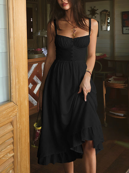 Women's Midi Dress Ruffle Hem Spaghetti Strap Button Front