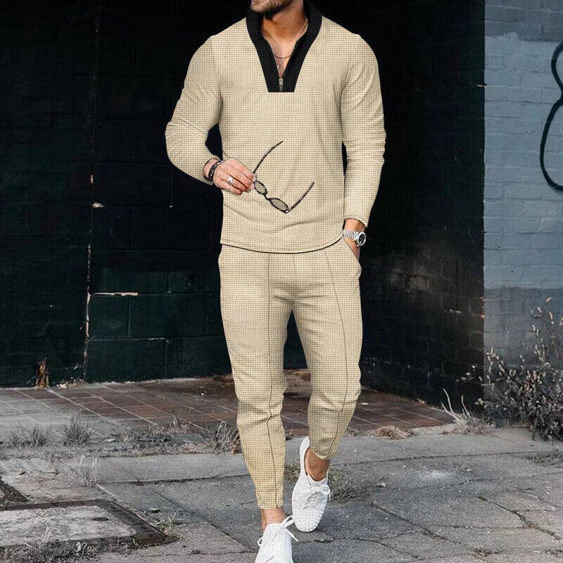 Men's Long Sleeve Quarter Zip And Pants Set Textured - 
Fashinoza