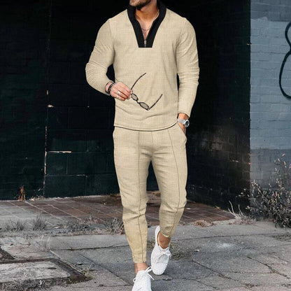 Men's Long Sleeve Quarter Zip And Pants Set Textured - 
Fashinoza