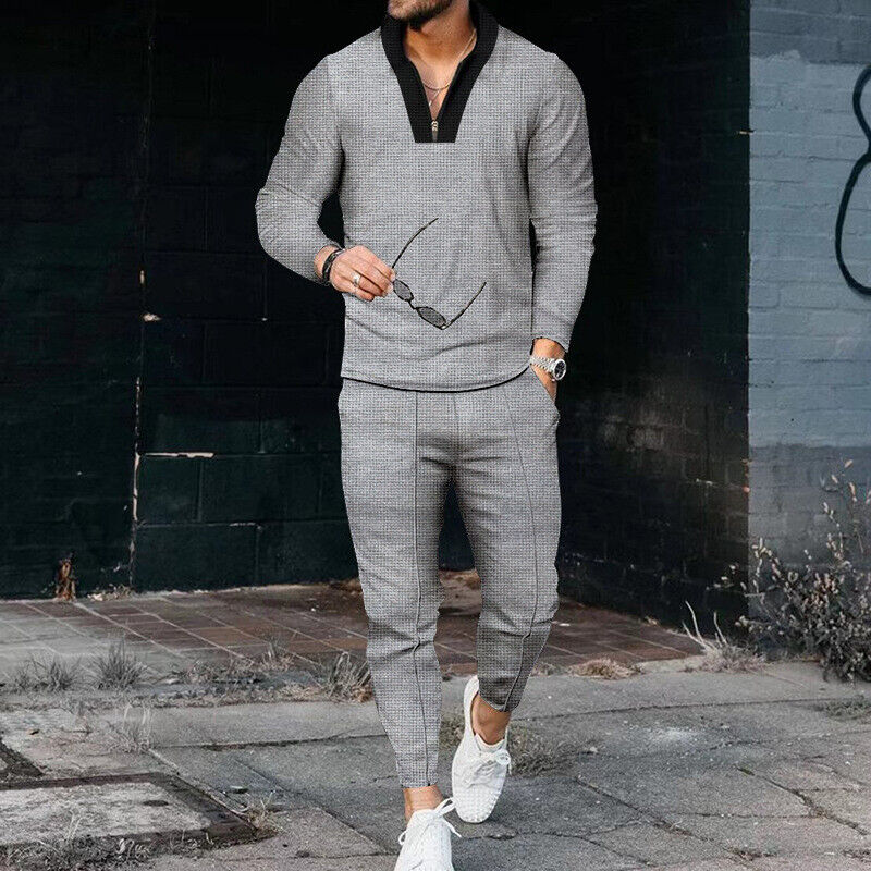 Men's Long Sleeve Quarter Zip And Pants Set Textured
