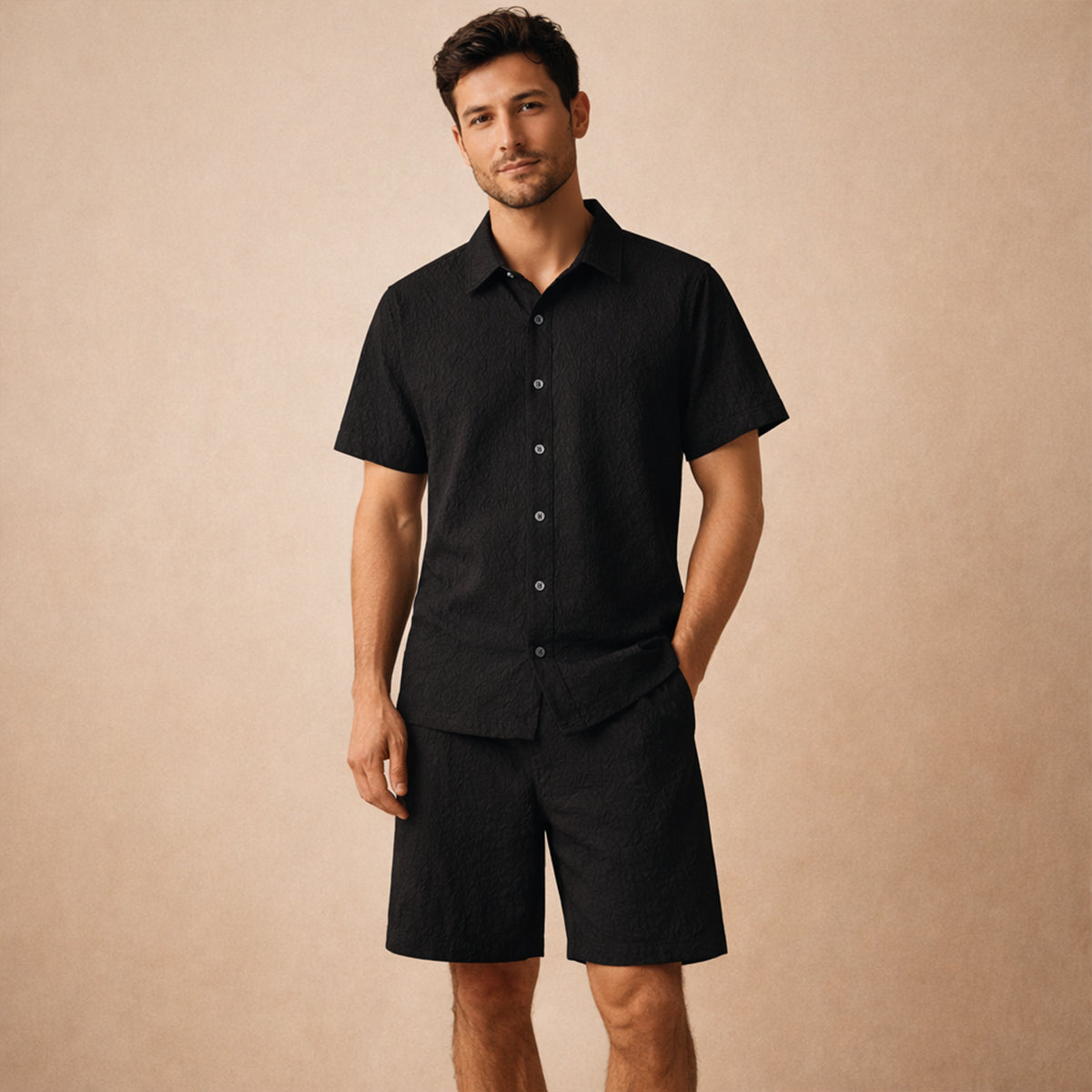 Men's Summer Shirt And Shorts Set Textured Lightweight