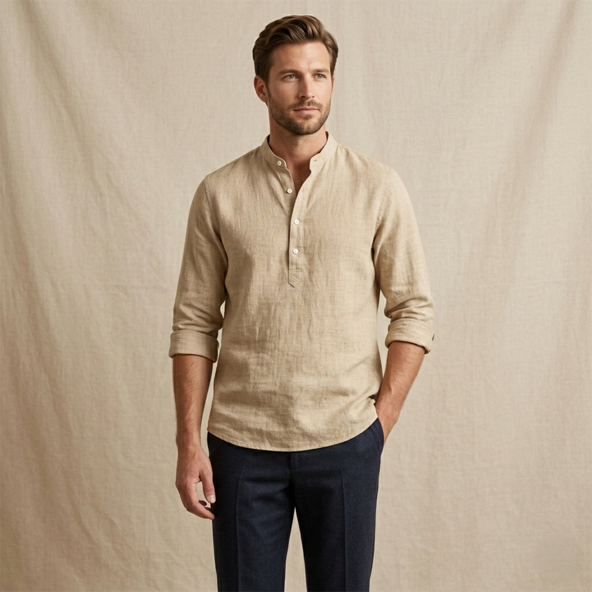Men's Linen Casual Button Up Shirt Breathable Beige