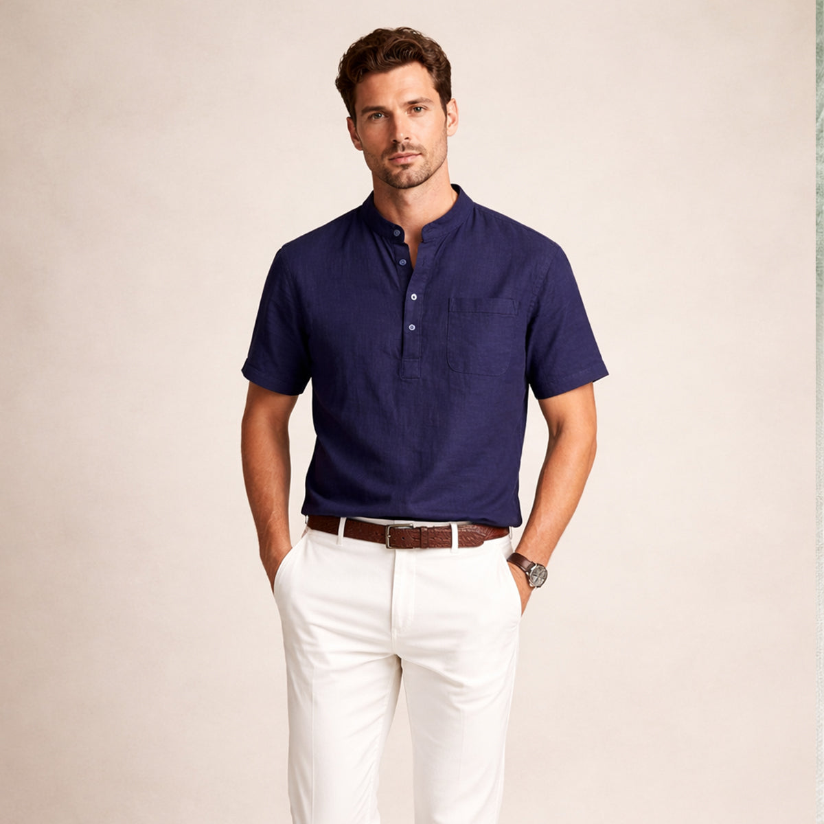 Men's Soft Cotton Linen Henley Shirt