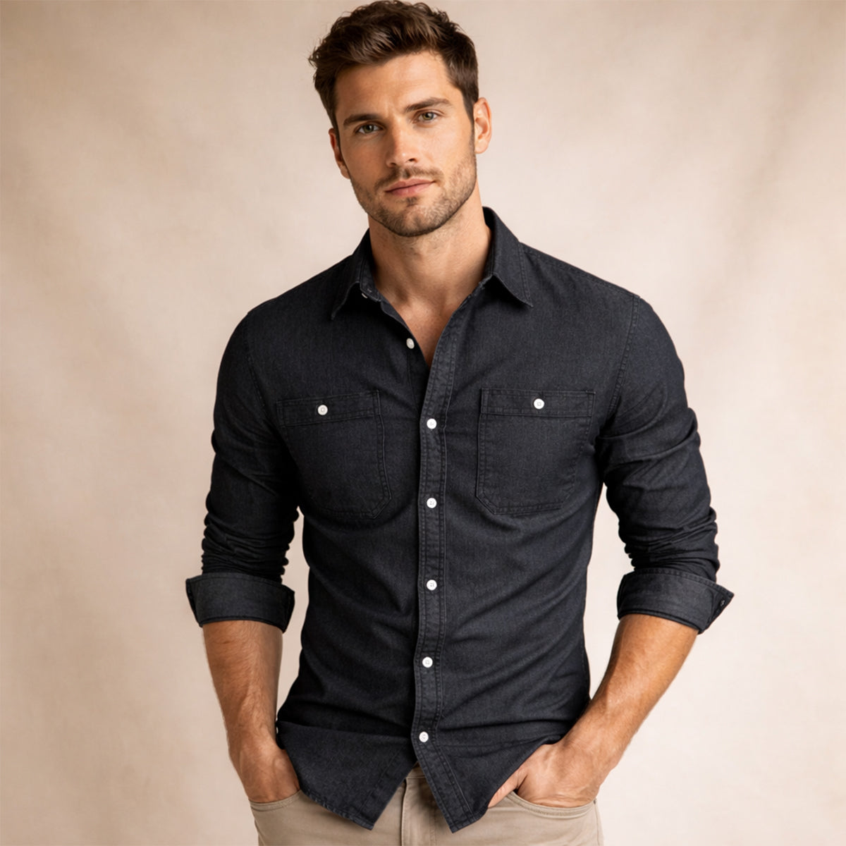 Men's Slim Fit Denim Shirt Double Pockets Blue
