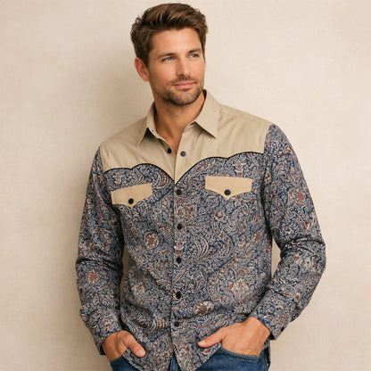 Men's Western Denim Shirt Soft Two Tone Patchwork Blue
