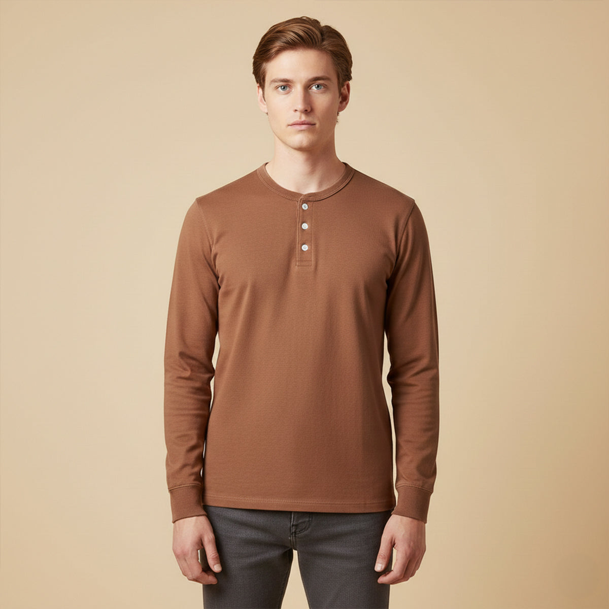 Men's Cotton Henley Shirt Lightweight Beige