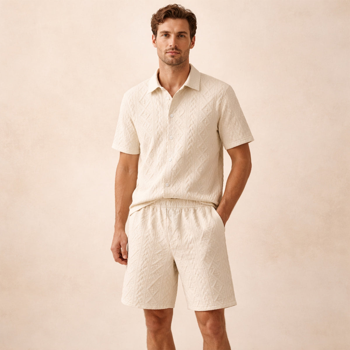 Men's Textured Summer Shirt And Shorts Set
