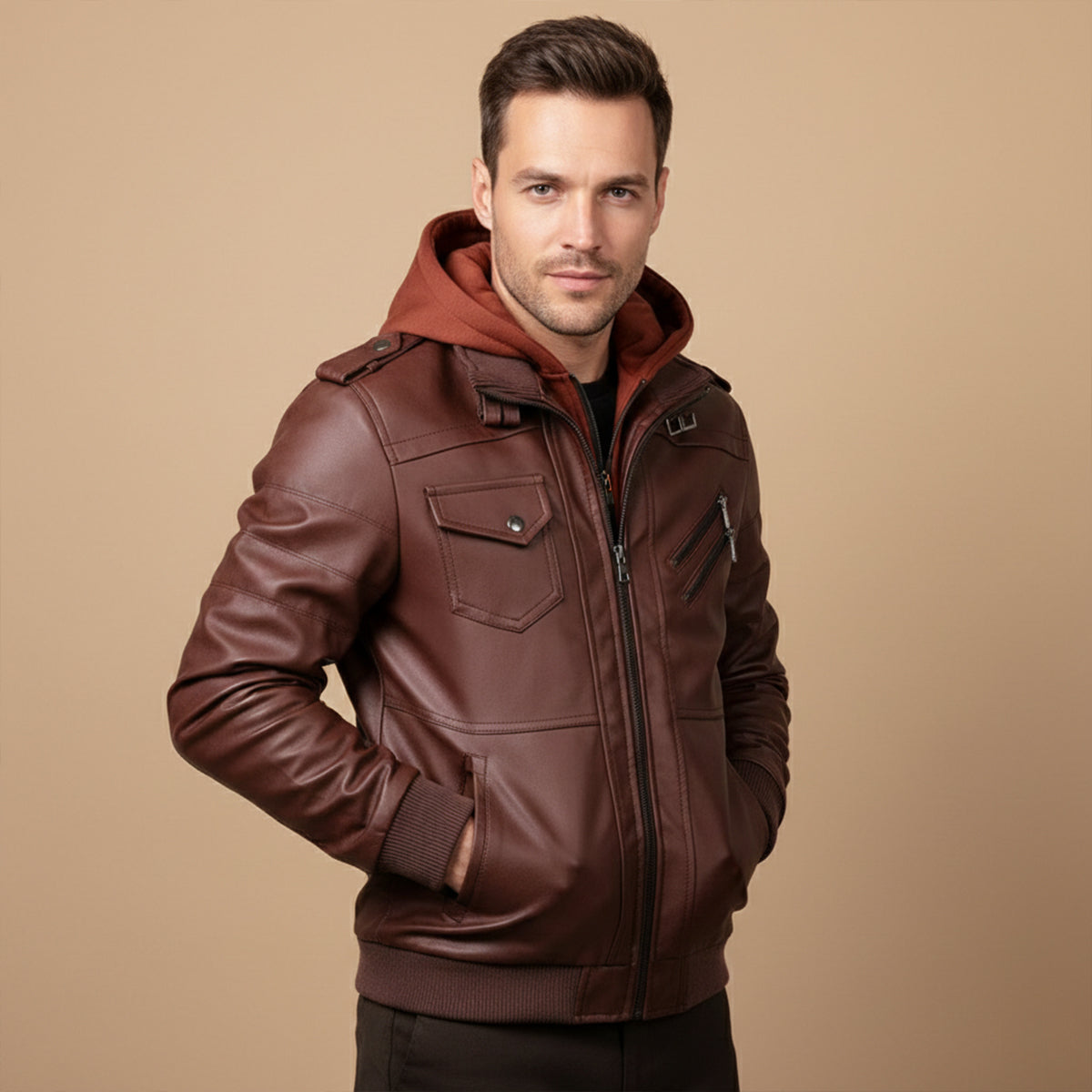 Men's Leather Hooded Jacket With Pockets