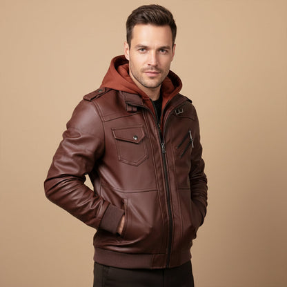 Men's Leather Hooded Jacket With Pockets
