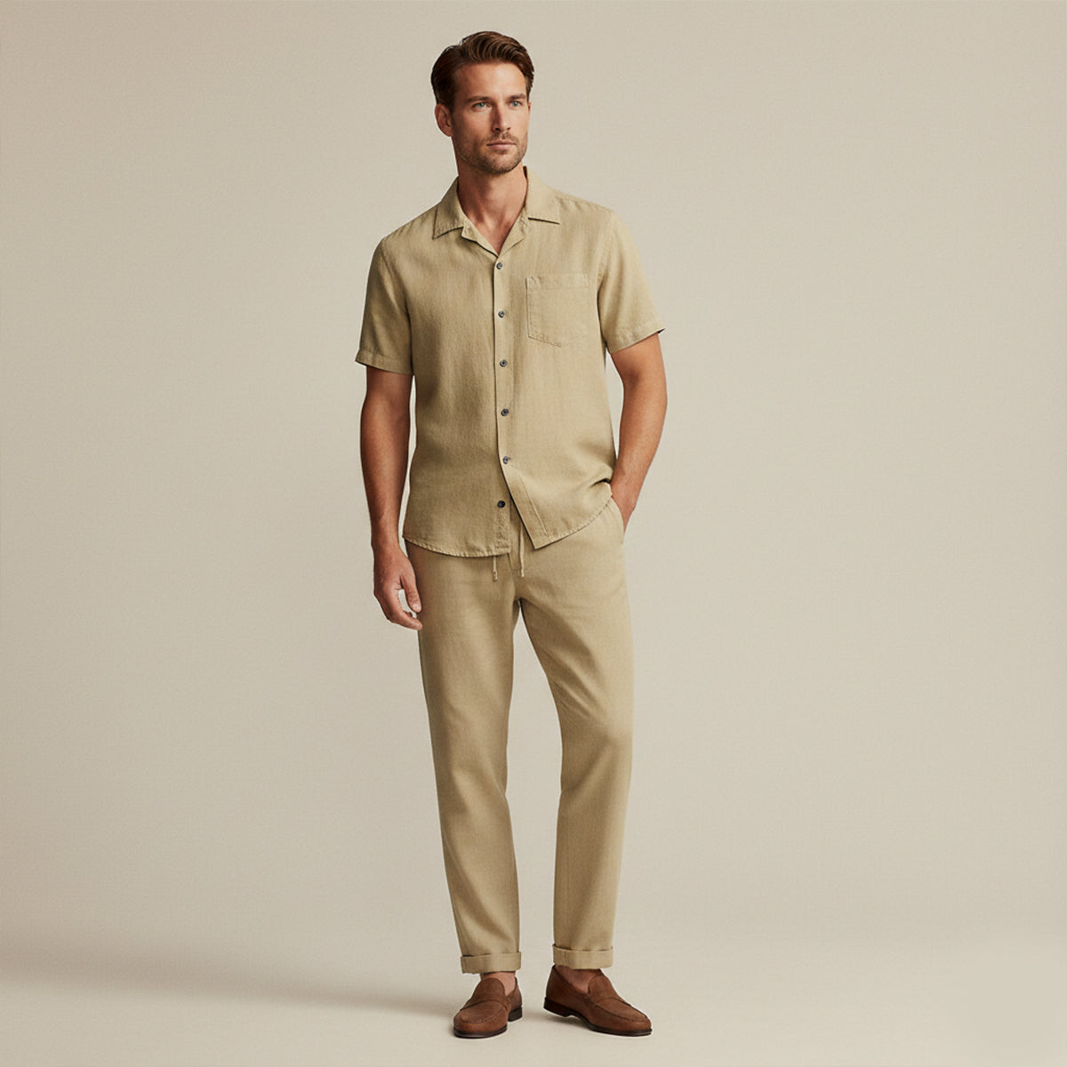 Mens Linen Beach Shirt Pants Set Lightweight Beige