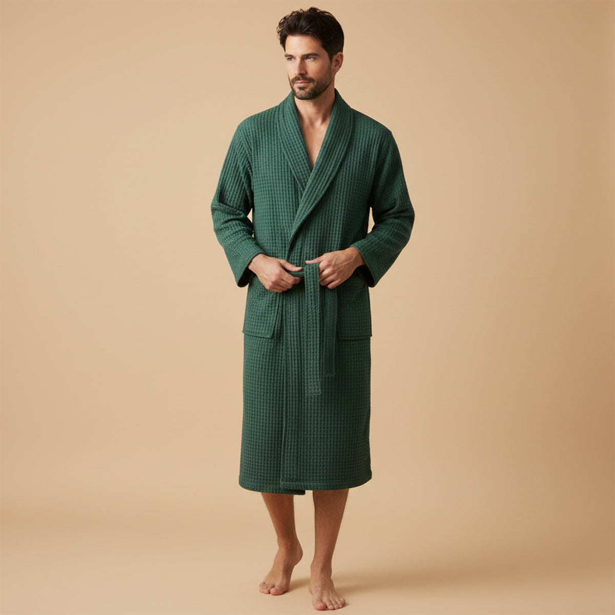 Men's Cotton Waffle Bathrobe Lightweight Navy Blue