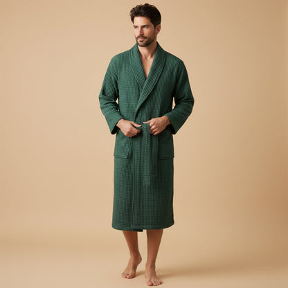 Men's Cotton Waffle Bathrobe Lightweight Navy Blue