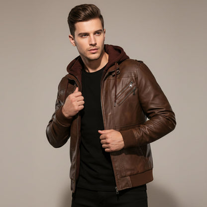 Men's Leather Hooded Jacket With Pockets
