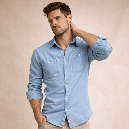 Men's Slim Fit Denim Shirt Double Pockets Blue