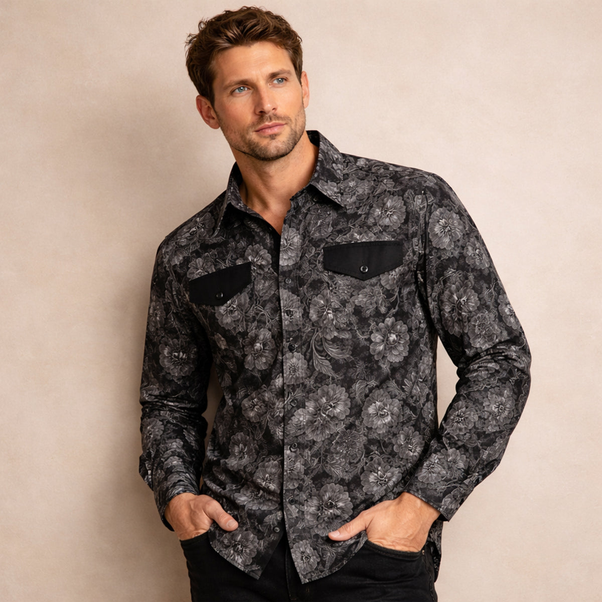 Men's Western Denim Shirt Soft Two Tone Patchwork Blue