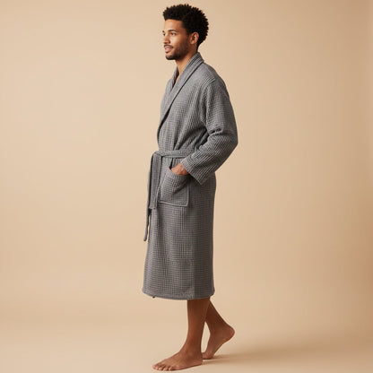 Men's Cotton Waffle Bathrobe Lightweight Navy Blue