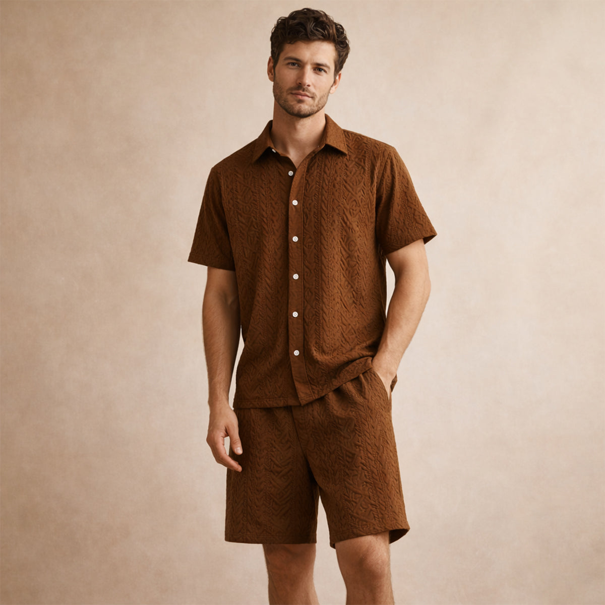 Men's Summer Shirt And Shorts Set Textured Lightweight
