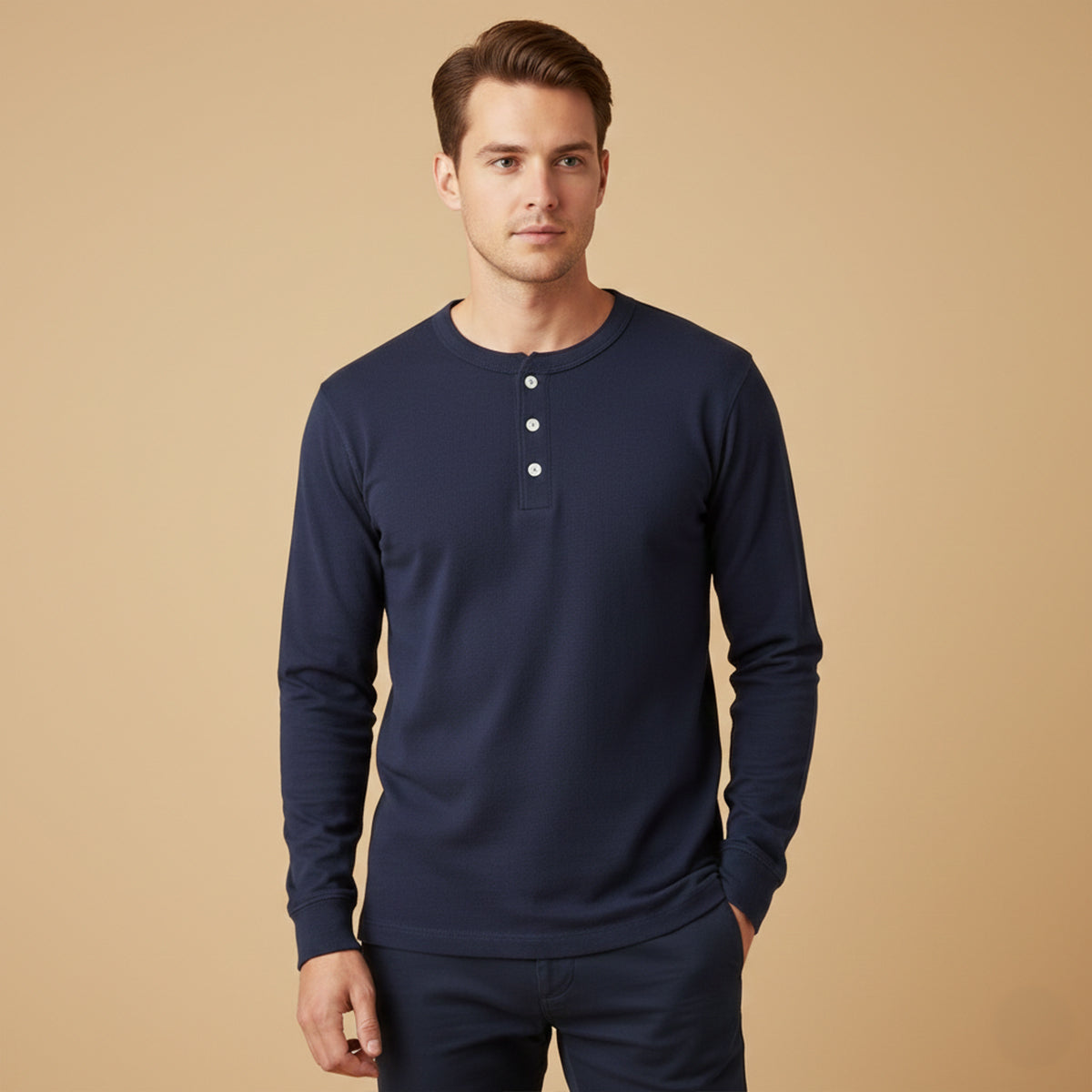 Men's Cotton Henley Shirt Lightweight Beige