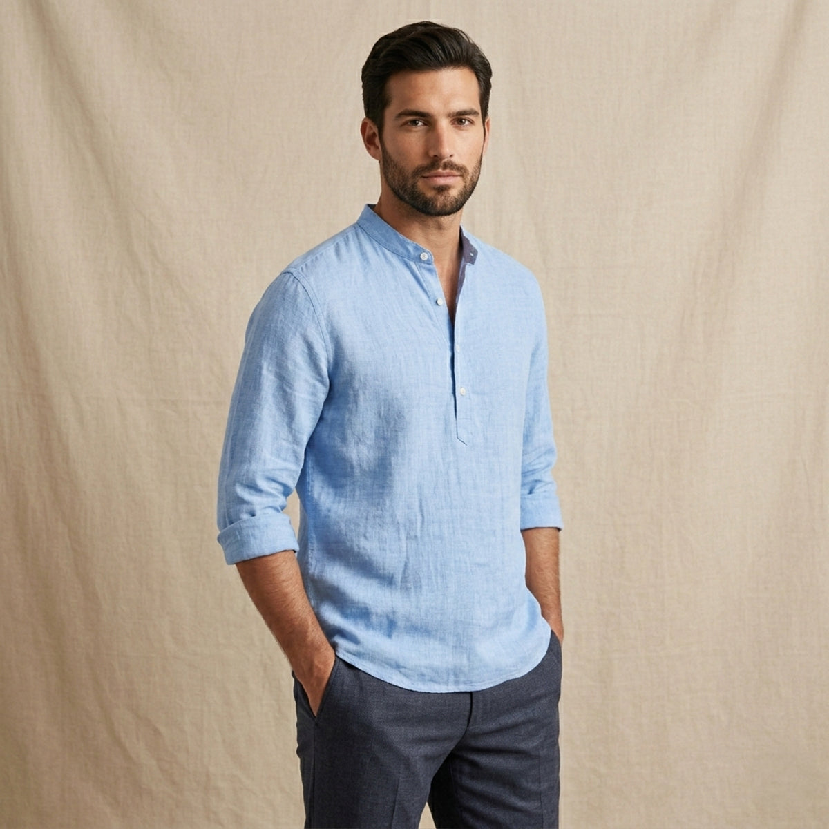 Men's Linen Casual Button Up Shirt Breathable Beige