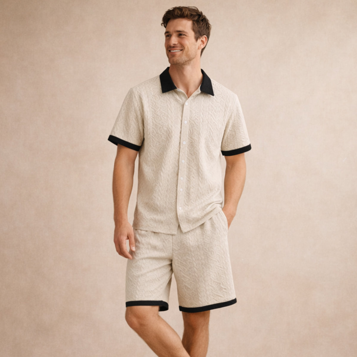 Men's Summer Shirt And Shorts Set Textured Lightweight