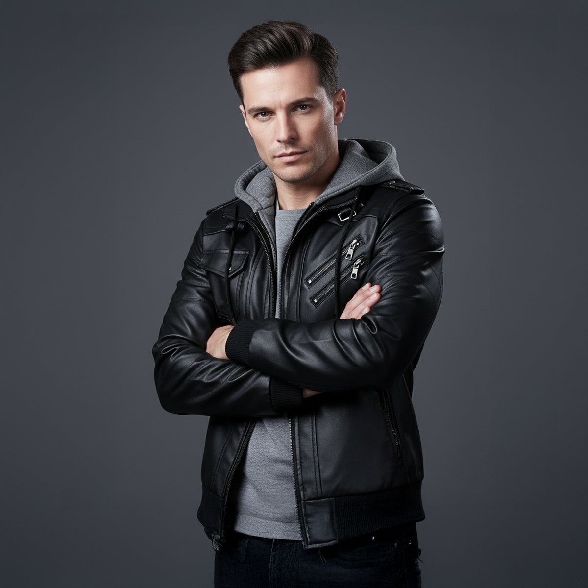 Men's Leather Hooded Jacket With Pockets