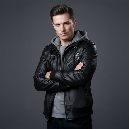 Men's Leather Hooded Jacket With Pockets