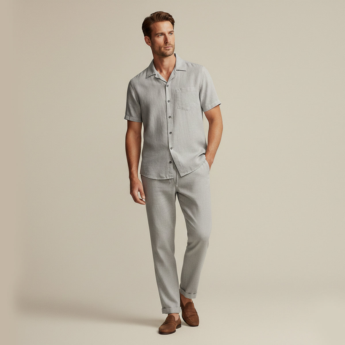 Mens Linen Beach Shirt Pants Set Lightweight Beige