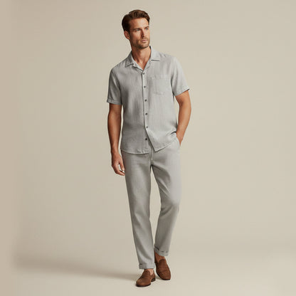 Mens Linen Beach Shirt Pants Set Lightweight Beige