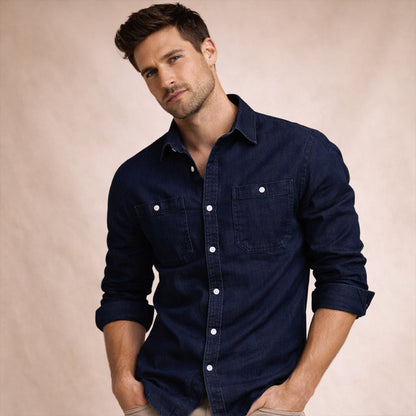 Men's Slim Fit Denim Shirt Double Pockets Blue