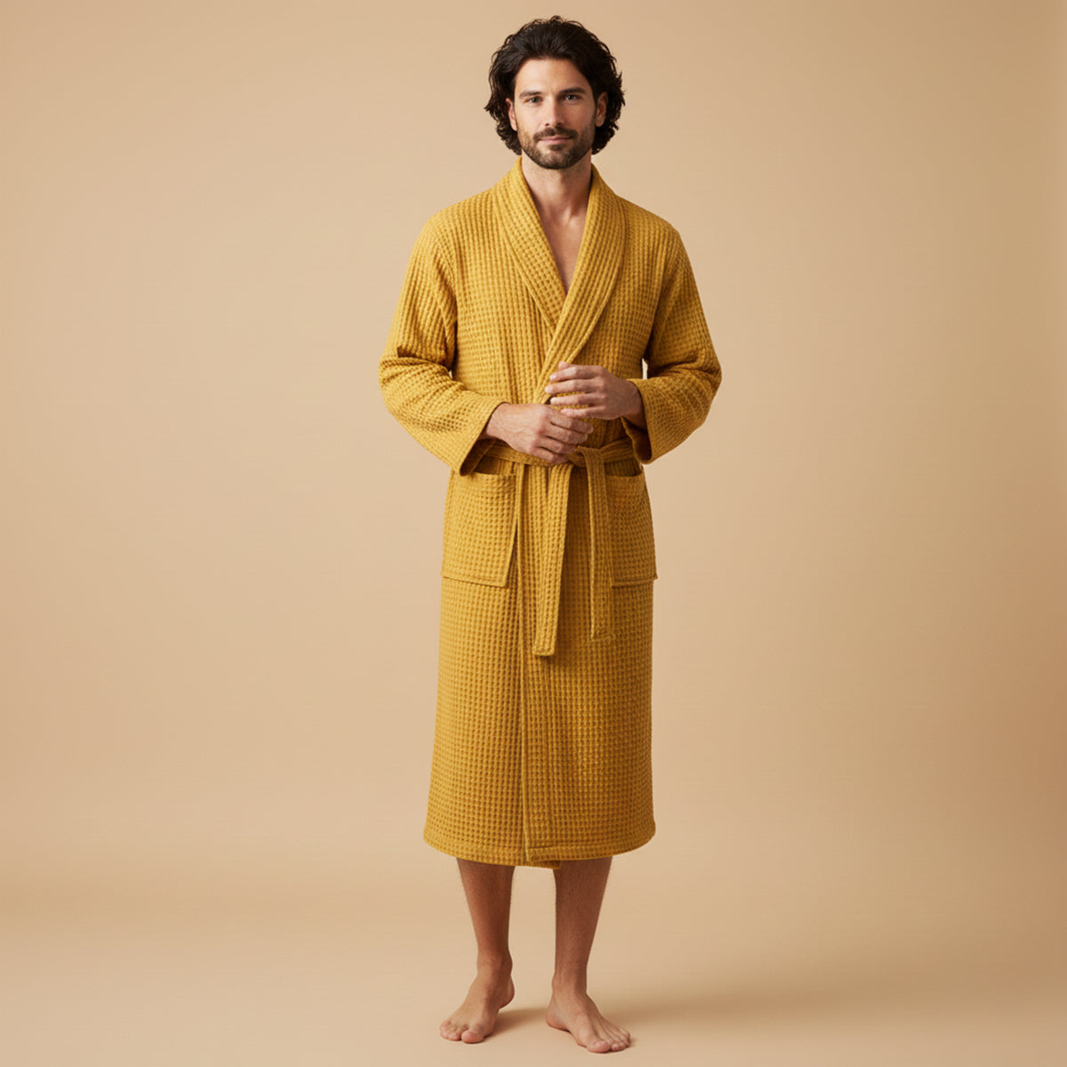 Men's Cotton Waffle Bathrobe Lightweight Navy Blue