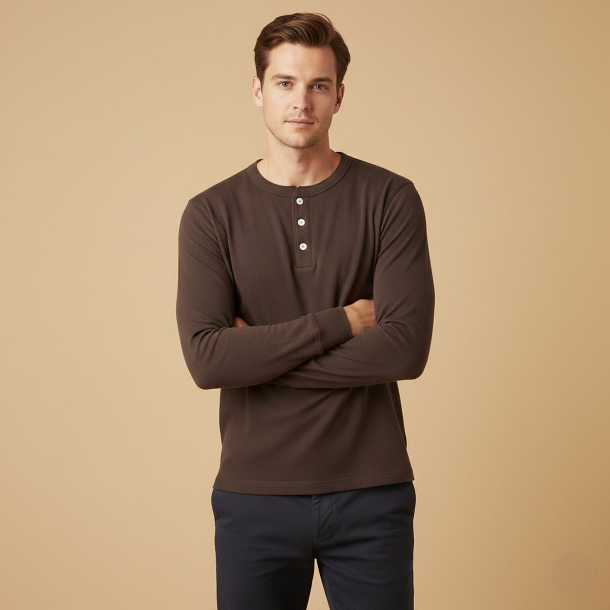 Men's Cotton Henley Shirt Lightweight Beige