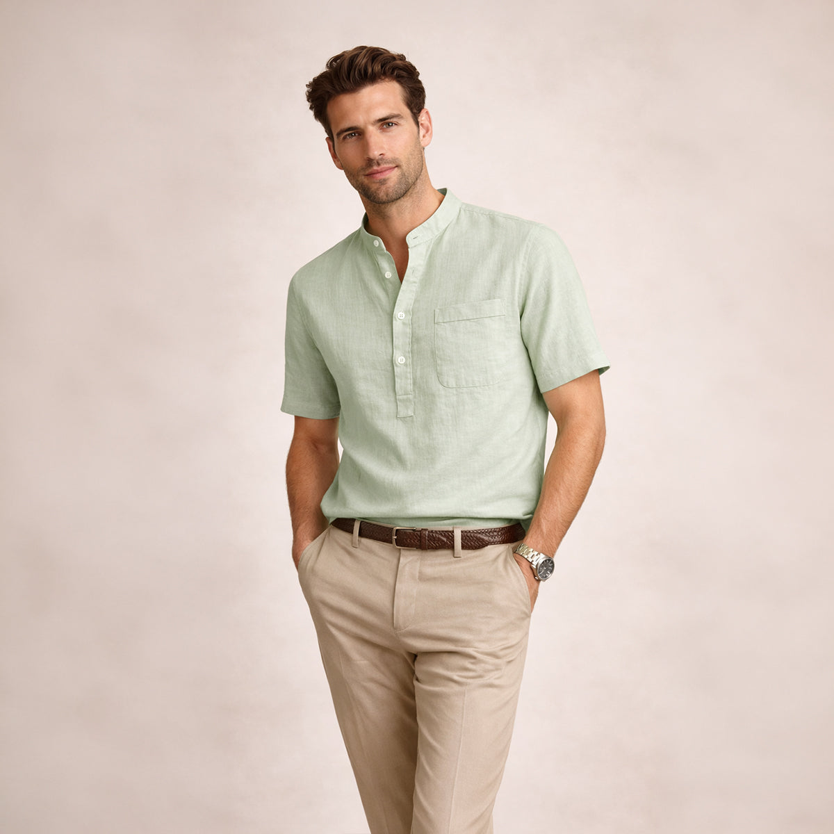 Men's Soft Cotton Linen Henley Shirt